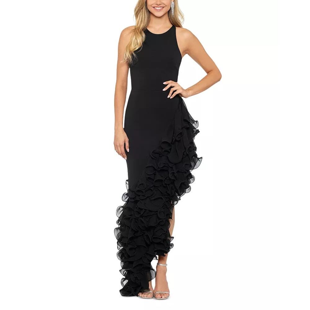 AQUA Ponte Knit Ruffle Formal Evening Dance Gown Black 4 NWT